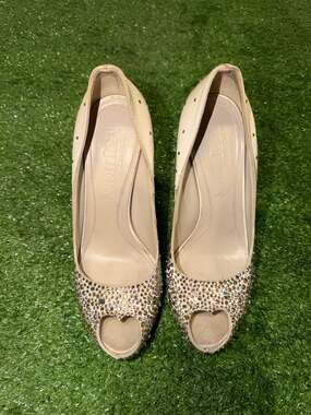Alexander McQueen Champagne Satin Crystal Embellished Peep Toe Pumps